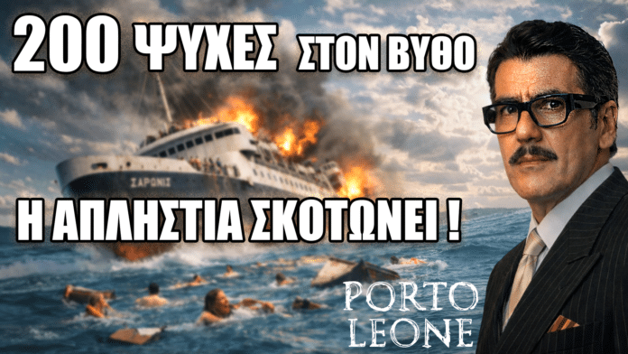 Άνδρας με κοστούμι σε πρώτο πλάνο, πίσω πλοίο φλέγεται στη θάλασσα και άνθρωποι παλεύουν στα κύματα.
