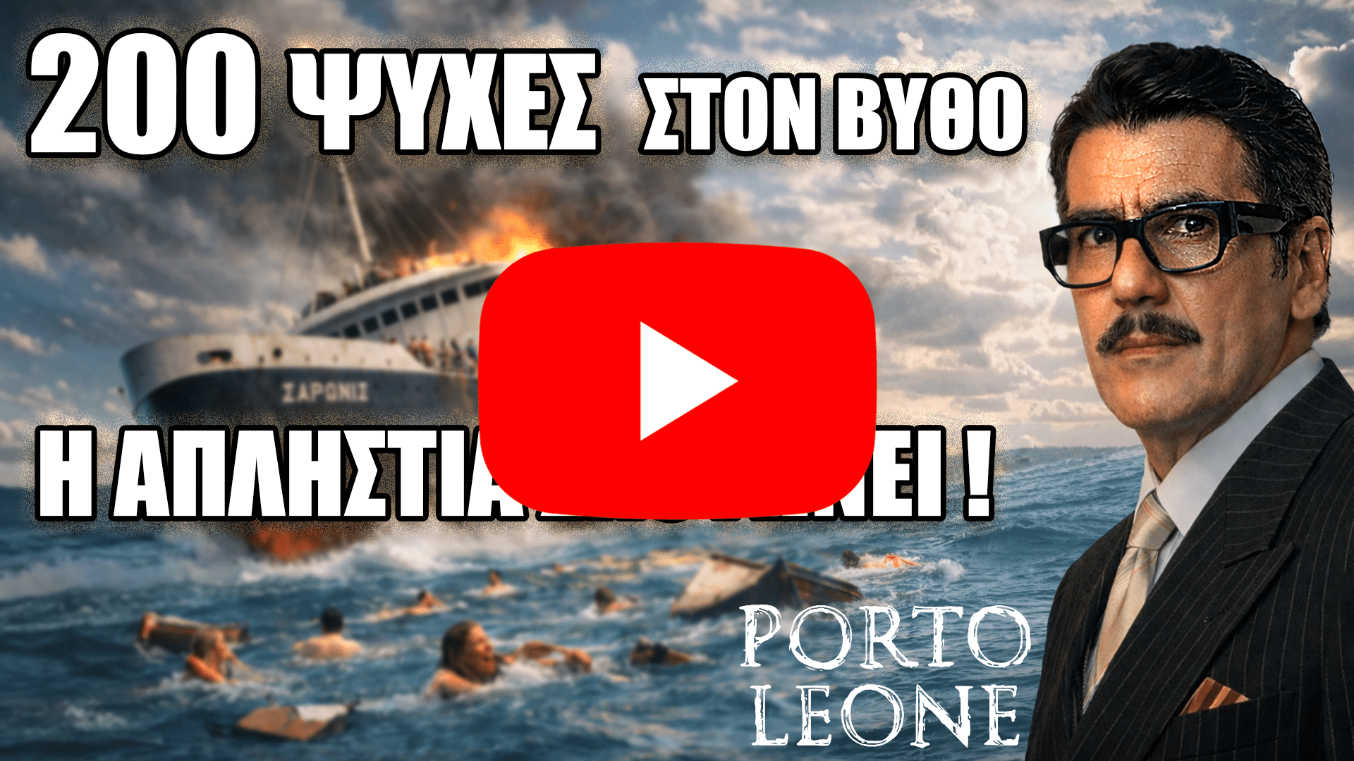 Άνδρας με κοστούμι σε πρώτο πλάνο, πίσω πλοίο φλέγεται στη θάλασσα και άνθρωποι παλεύουν στα κύματα.